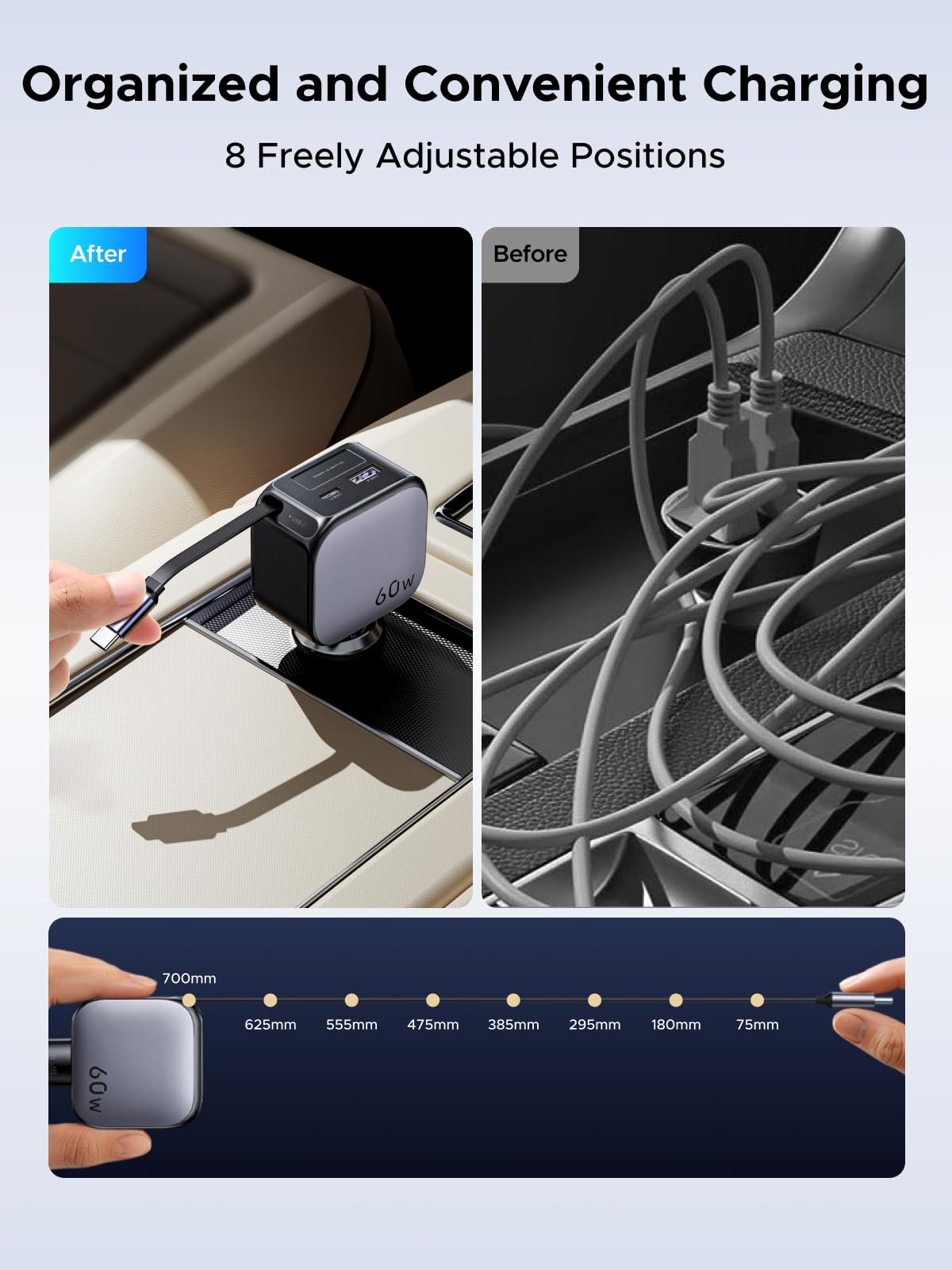 mousebows Nexode Car Charger 60W with Retractable USB-C Cable