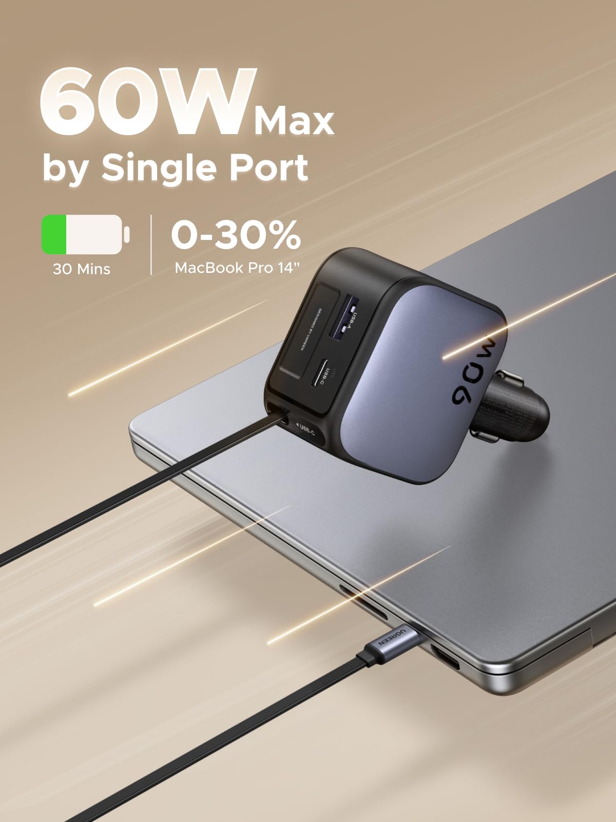 mousebows Nexode Car Charger 90W with Retractable USB-C Cable