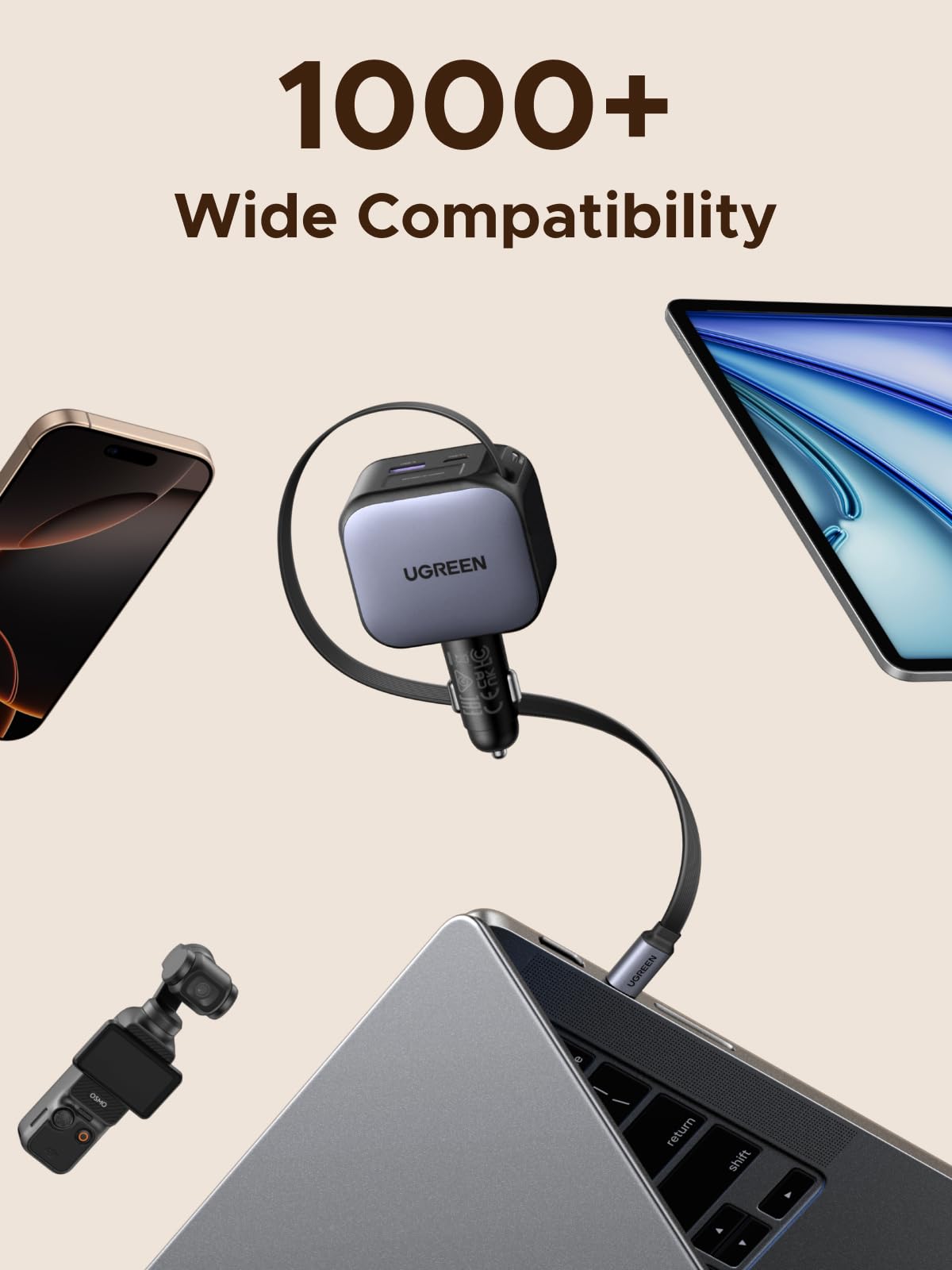 mousebows Nexode Car Charger 90W with Retractable USB-C Cable