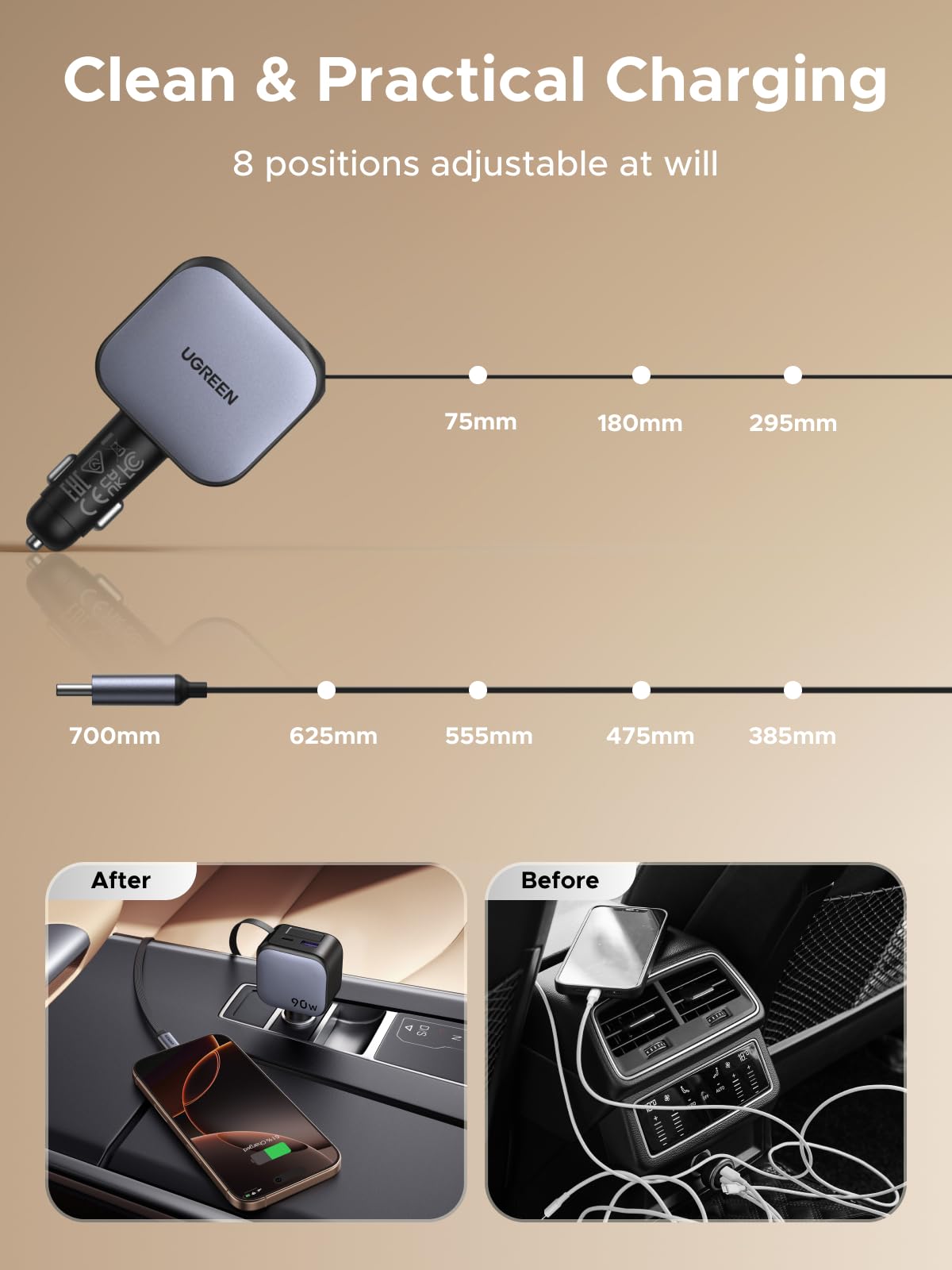 mousebows Nexode Car Charger 90W with Retractable USB-C Cable