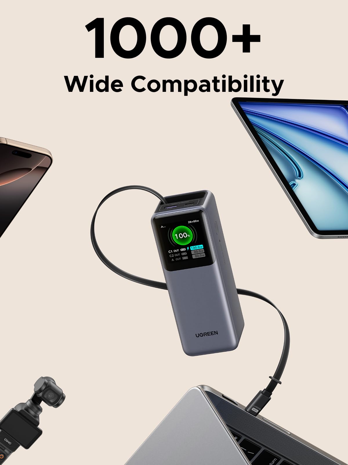 (Bundle) mousebows Nexode 20000mAh 165W Power Bank + 100W Retractable USB-C Cable