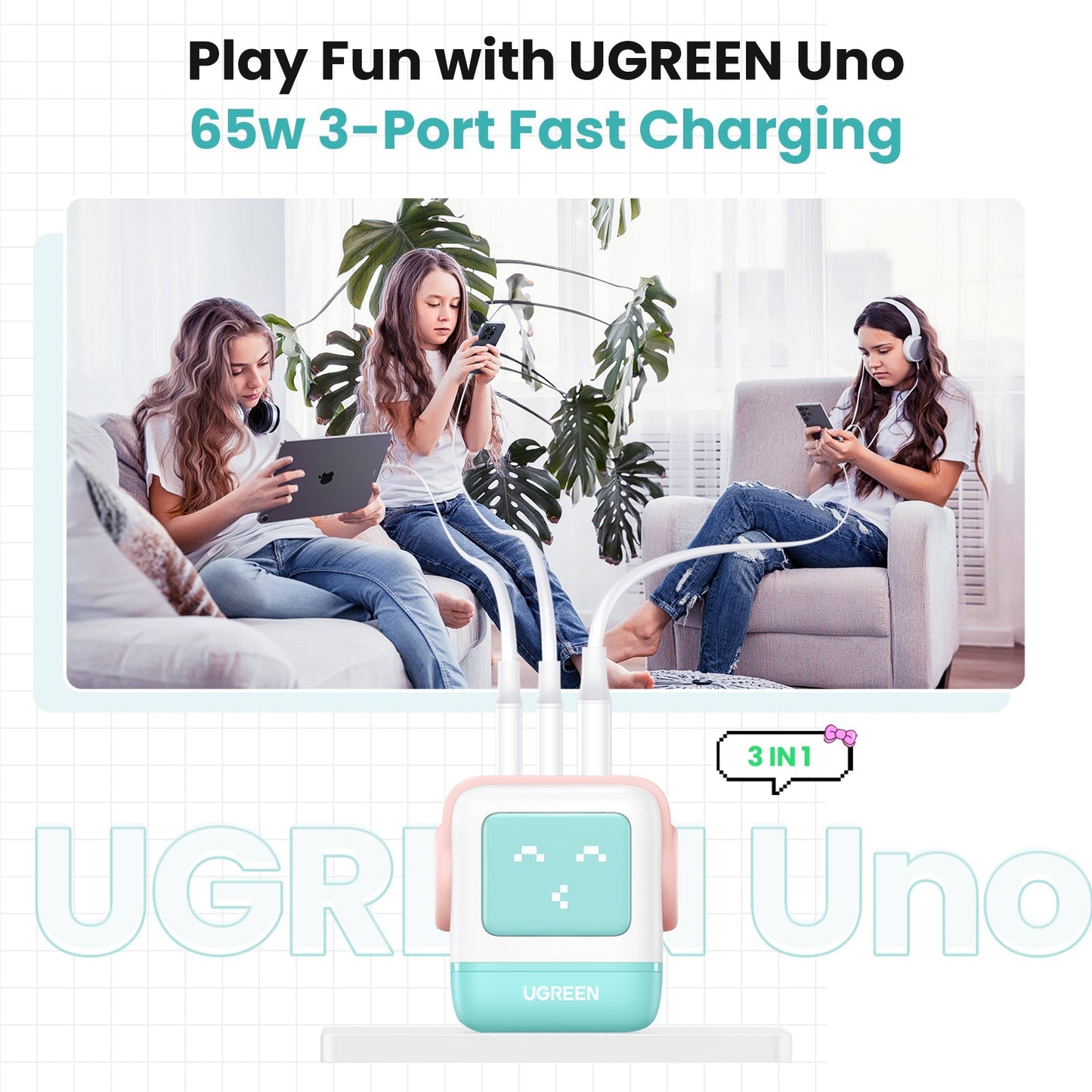 mousebows Uno Charger 65W  (Cyan)