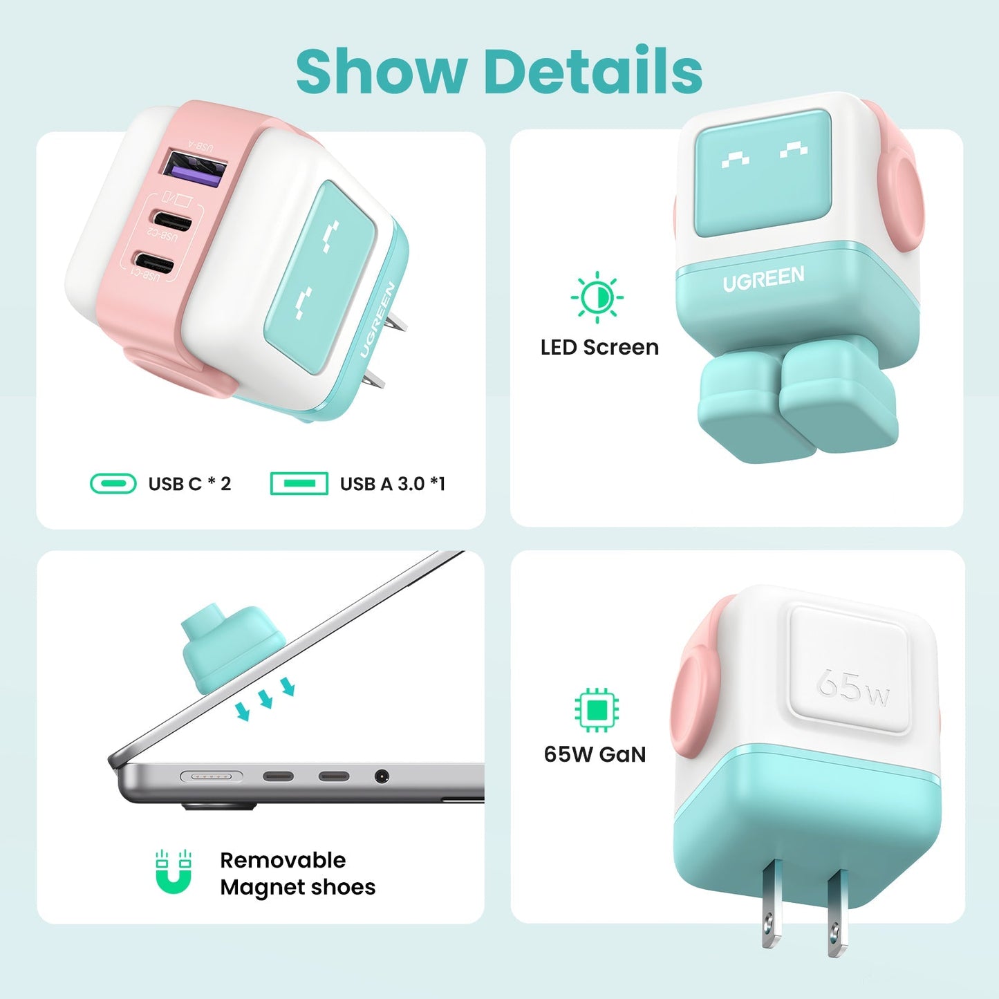 mousebows Uno Charger 65W  (Cyan)
