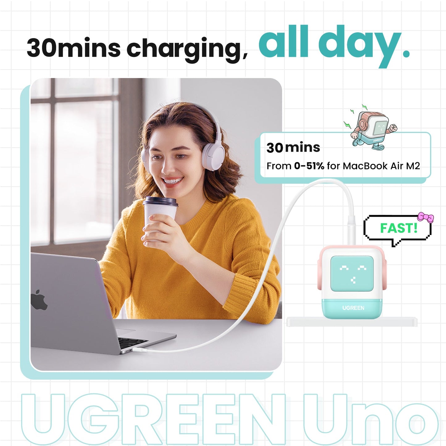 mousebows Uno Charger 65W  (Cyan)