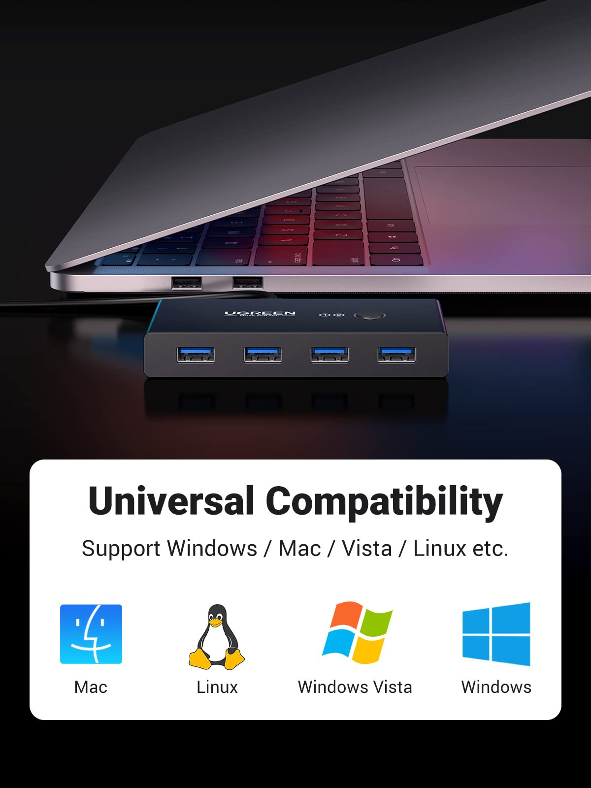 mousebows USB 3.0 4-Port Switch With 2 Pack USB Male Cable