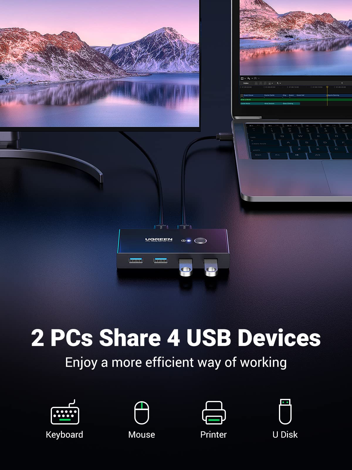 mousebows USB 3.0 4-Port Switch With 2 Pack USB Male Cable